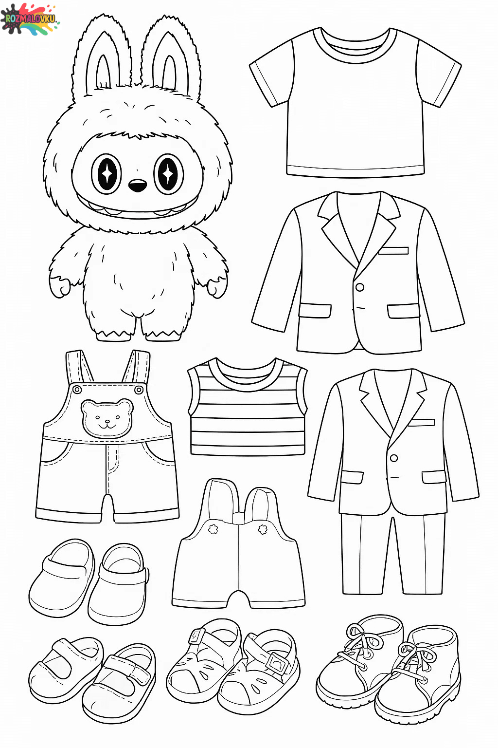 Розмальовка хлопчика Лабубу з одягом для переодягання А4 Розмальовка хлопчика Лабубу з одягом для переодягання