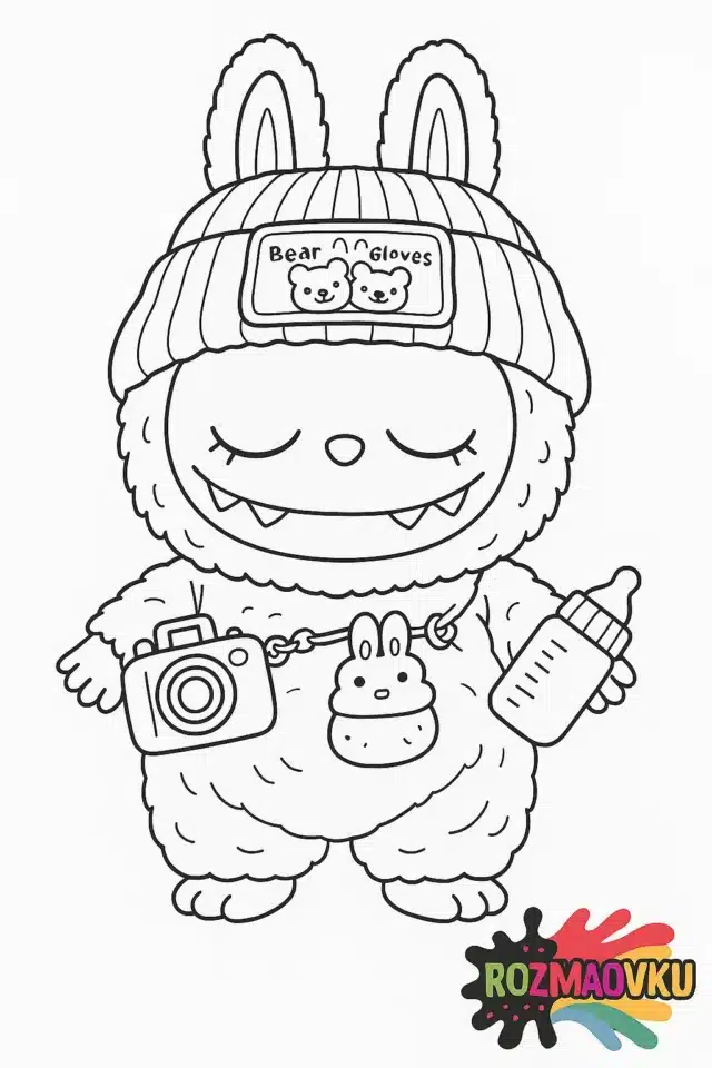 Розмальовка Лабубу з фотоапаратом і пляшечкою