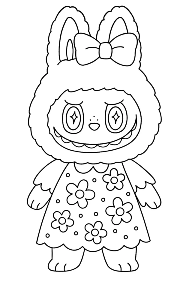 Розмальовка Лабубу у квітковій сукні з бантом A4