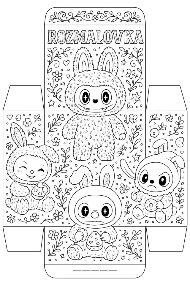 Розмальовка коробка Лабубу з квітами і друзями