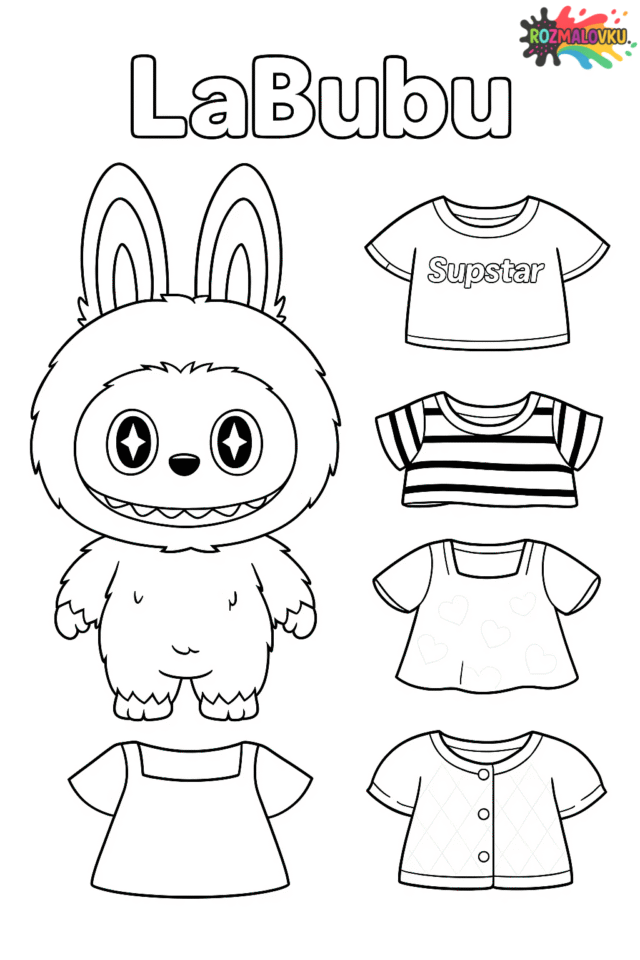 Розмальовка дівчинка Лабубу з одягом для переодягання А4