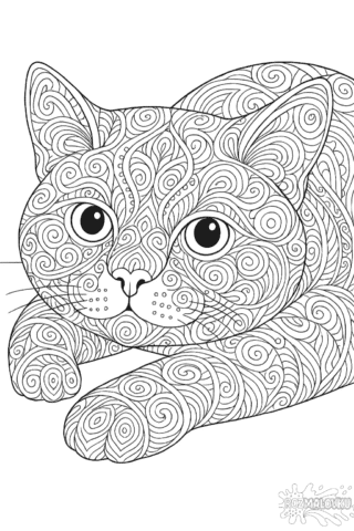 Розмальовка антистрес кіт з візерунками спіралей в форматі А4
