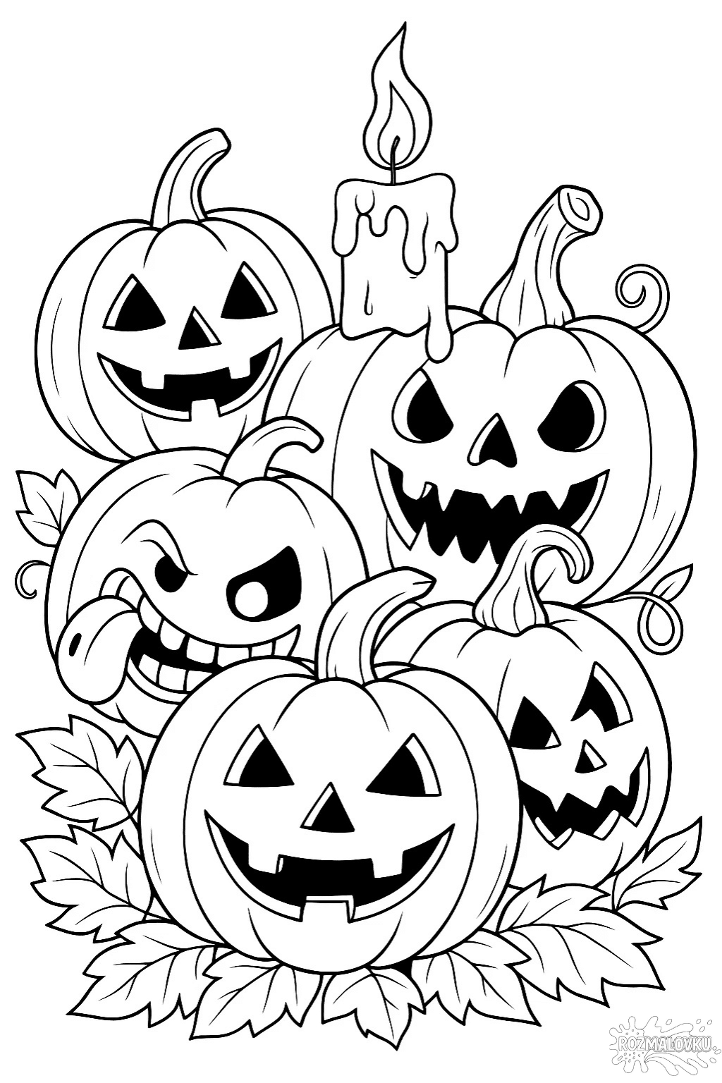 Розмальовка Хелловін гарбузи з різними обличчями в форматі А4