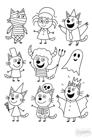 Розмальовка Хелловін 3 кота в форматі А4 для друку