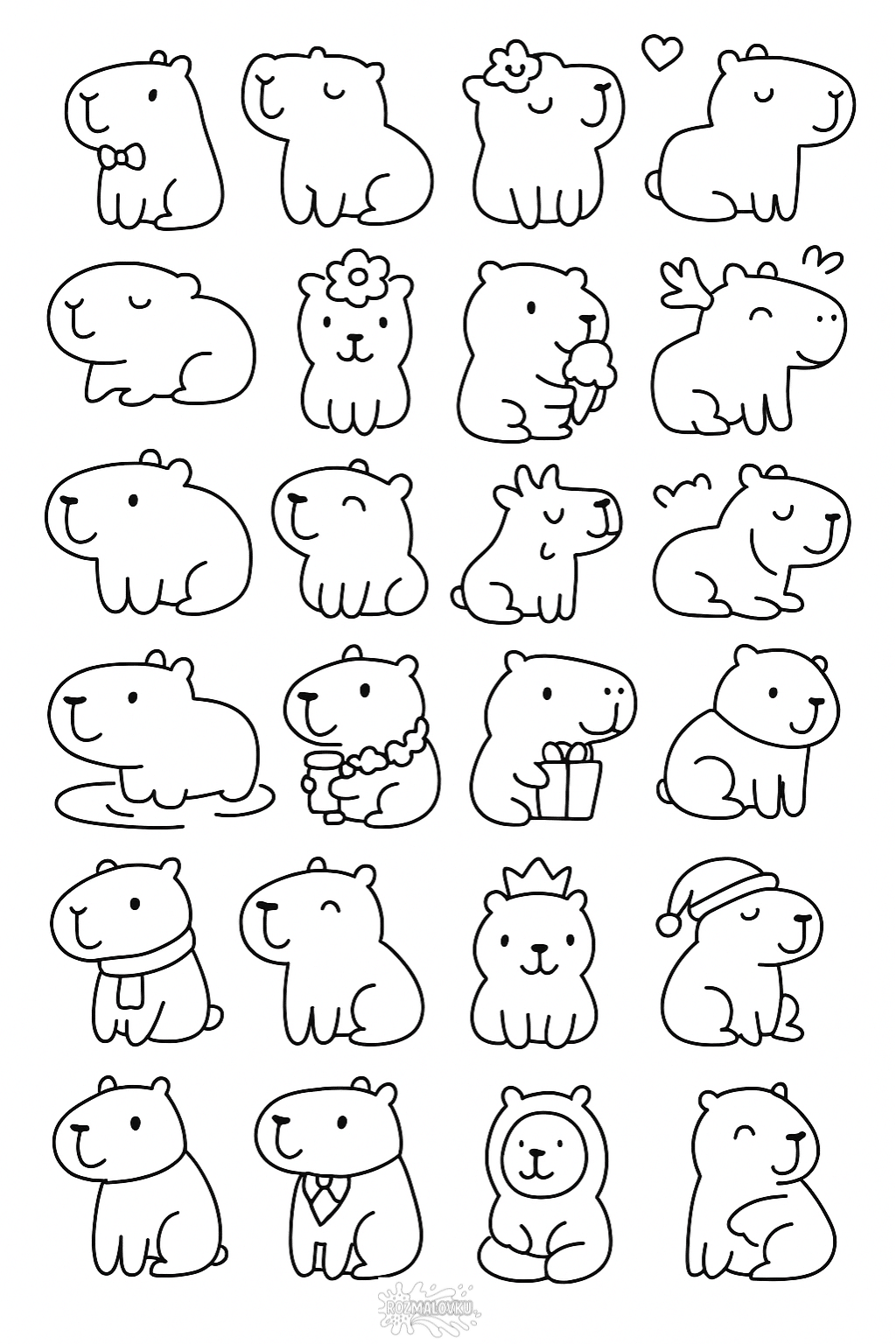 Розмальовка багато кумедних капібар в форматі А4 для друку Розмальовка багато кумедних капібар в форматі А4