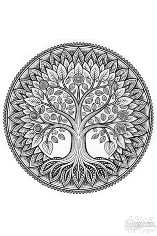 Розмальовка мандали Дерево життя в форматі А4