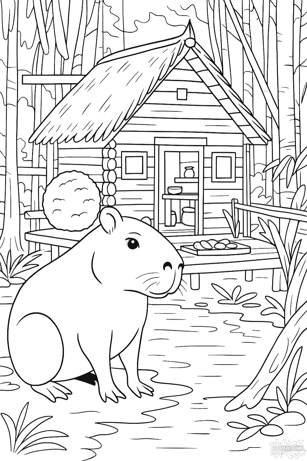 Розмальовка будинок капібари в лісі в форматі А4 для друку Розмальовка будинок капібари в лісі в форматі А4