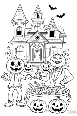 Розмальовка Хелловін будинок із гарбузами та солодощами в форматі А4 для друку