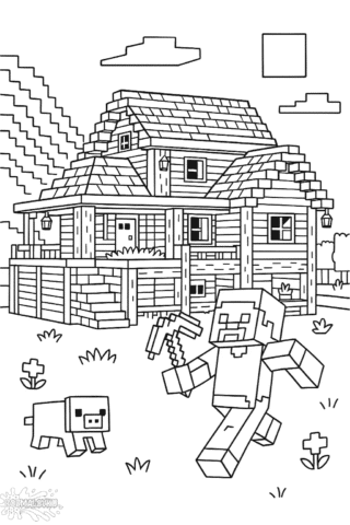 Розмальовка Майнкрафт дім та герой А4