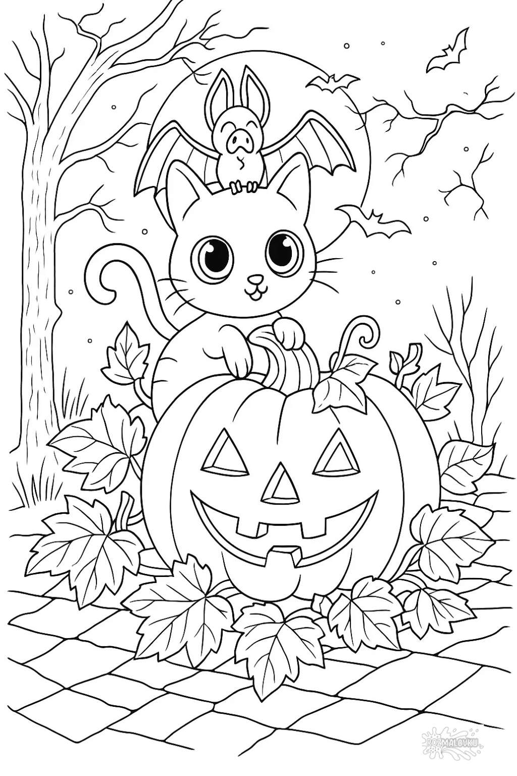 Розмальовка Хелловін котик із гарбузом і кажаном в форматі А4 для друку Розмальовка Хелловін котик із гарбузом і кажаном в форматі А4 для друку
