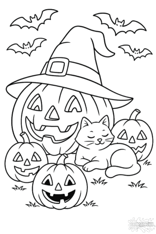 Розмальовка Хелловін котик і гарбузи у капелюсі відьми в форматі А4