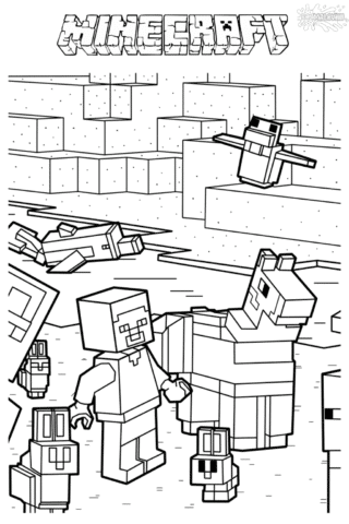 Розмальовка Лего Майнкрафт з ламою та кроликами А4