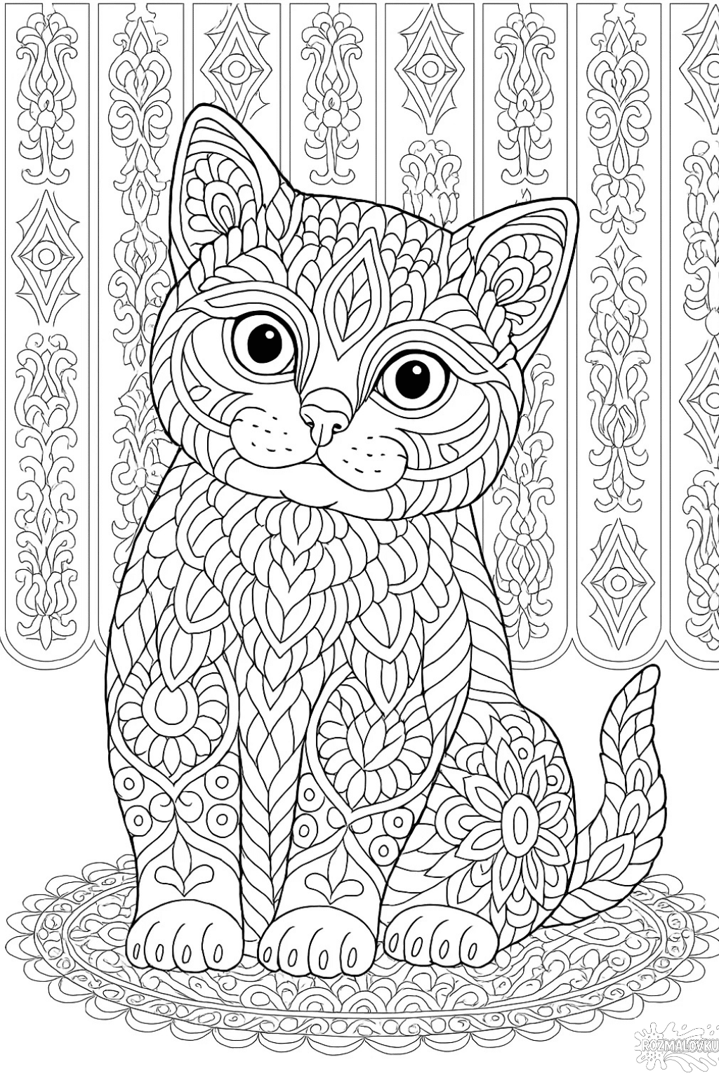 Розмальовка антистрес кіт у візерунках мандали в форматі А4 для друку Розмальовка антистрес кіт у візерунках мандали в форматі А4
