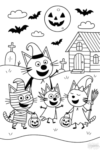 Розмальовка Хелловін Три кота з ліхтариками в форматі А4 для друку