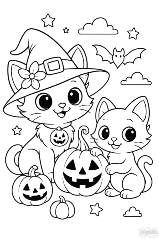 Розмальовка Хелловін котики з гарбузами в форматі А4