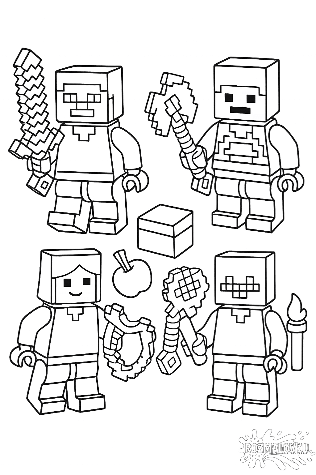 Розмальовка Лего Майнкрафт з героями А4