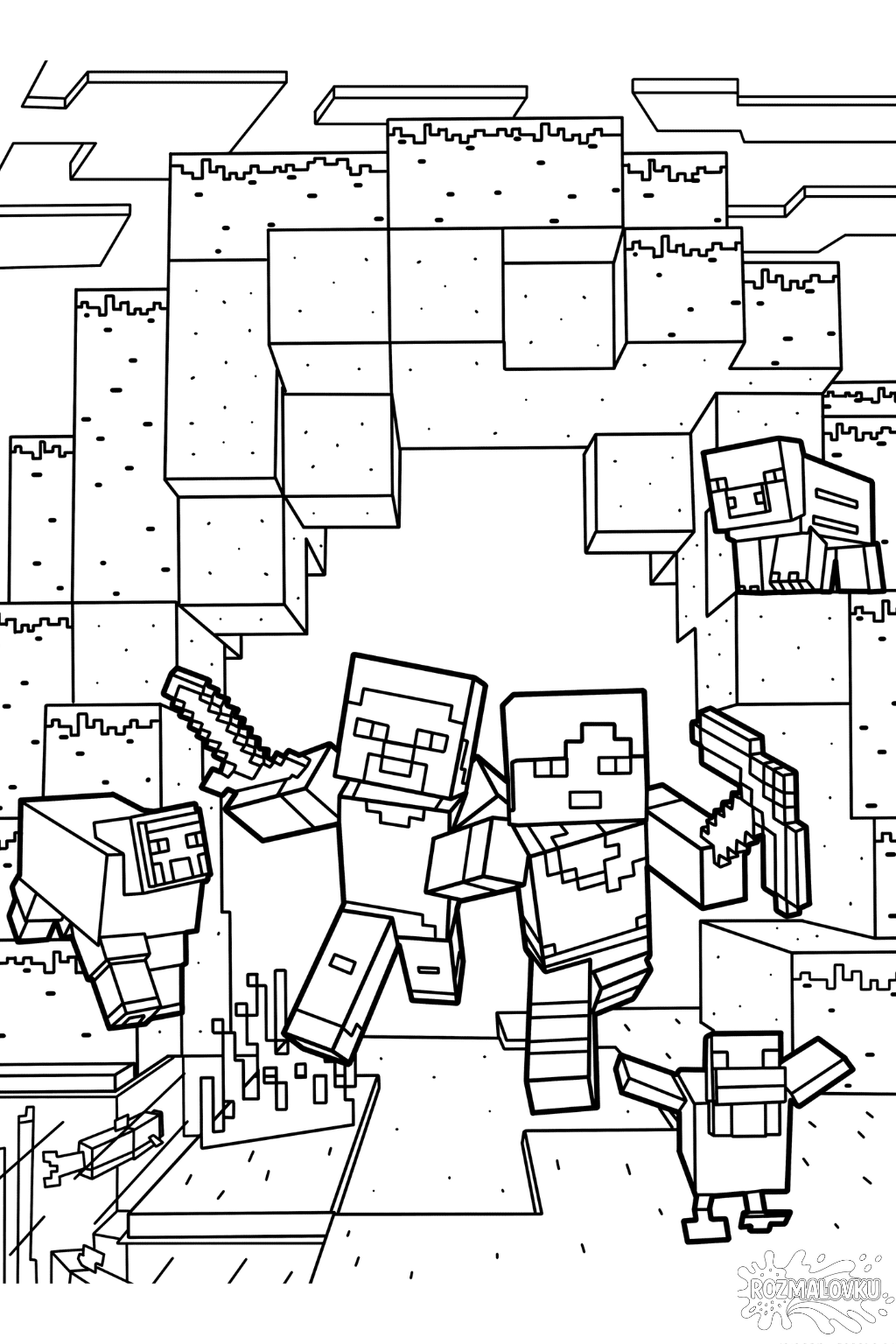 Розмальовка Майнкрафт битва героїв в форматі а4 для друку Розмальовка Майнкрафт битва героїв в форматі а4