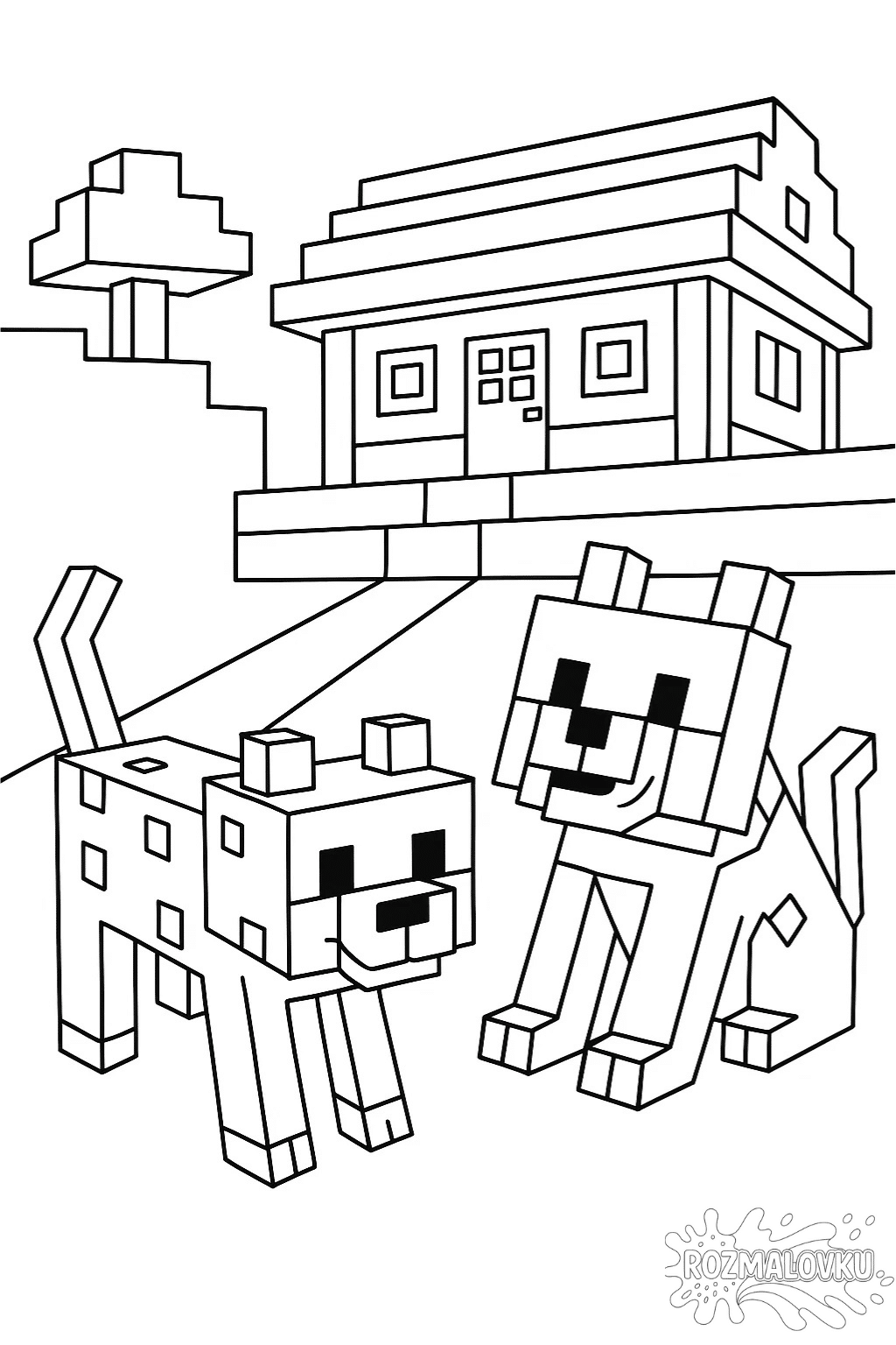 Розмальовка Майнкрафт кіт і собака біля дому в форматі А4