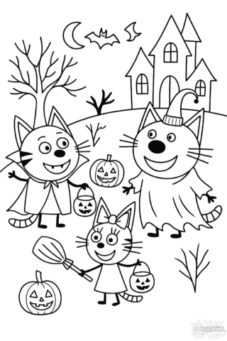 Розмальовка Хелловін Три кота біля страшного замку в форматі А4