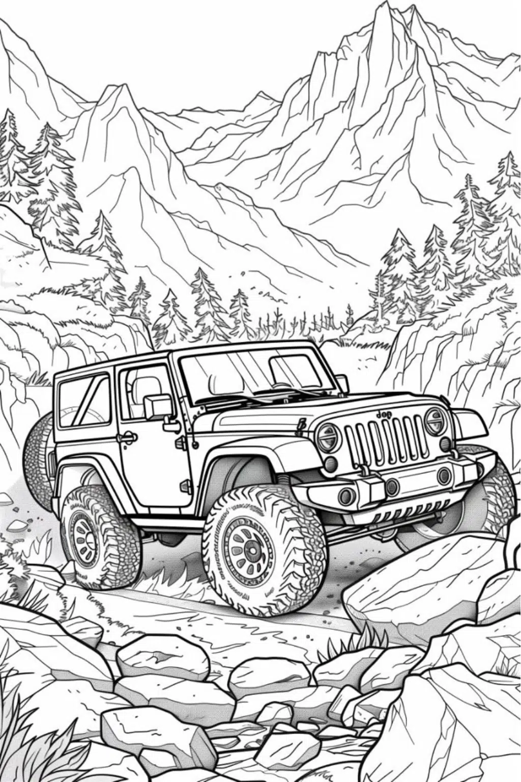 Розмальовка машина Jeep Wrangler у горах в форматі А4