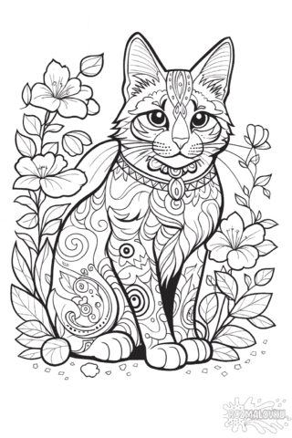 Розмальовка антистрес кіт серед квітів в форматі А4