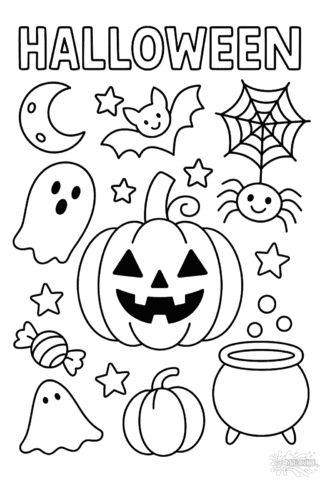 Розмальовка Хелловін із гарбузом, привидами та кажаном в форматі А4