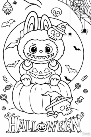 Розмальовка Хелловін із кумедним Лабубу на гарбузі в форматі А4