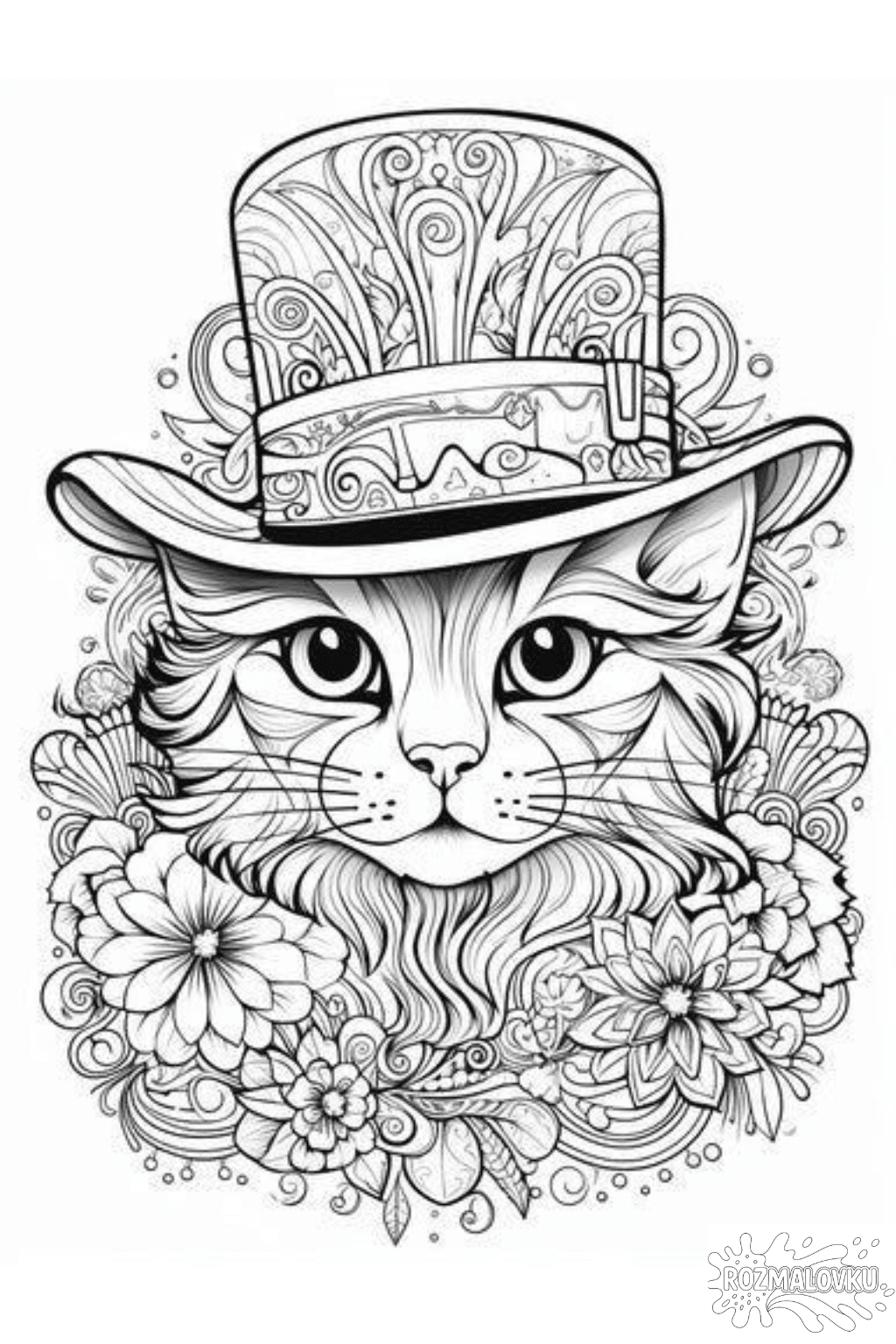 Розмальовка антистрес кіт у капелюсі в форматі А4 для друку Розмальовка антистрес кіт у капелюсі в форматі А4