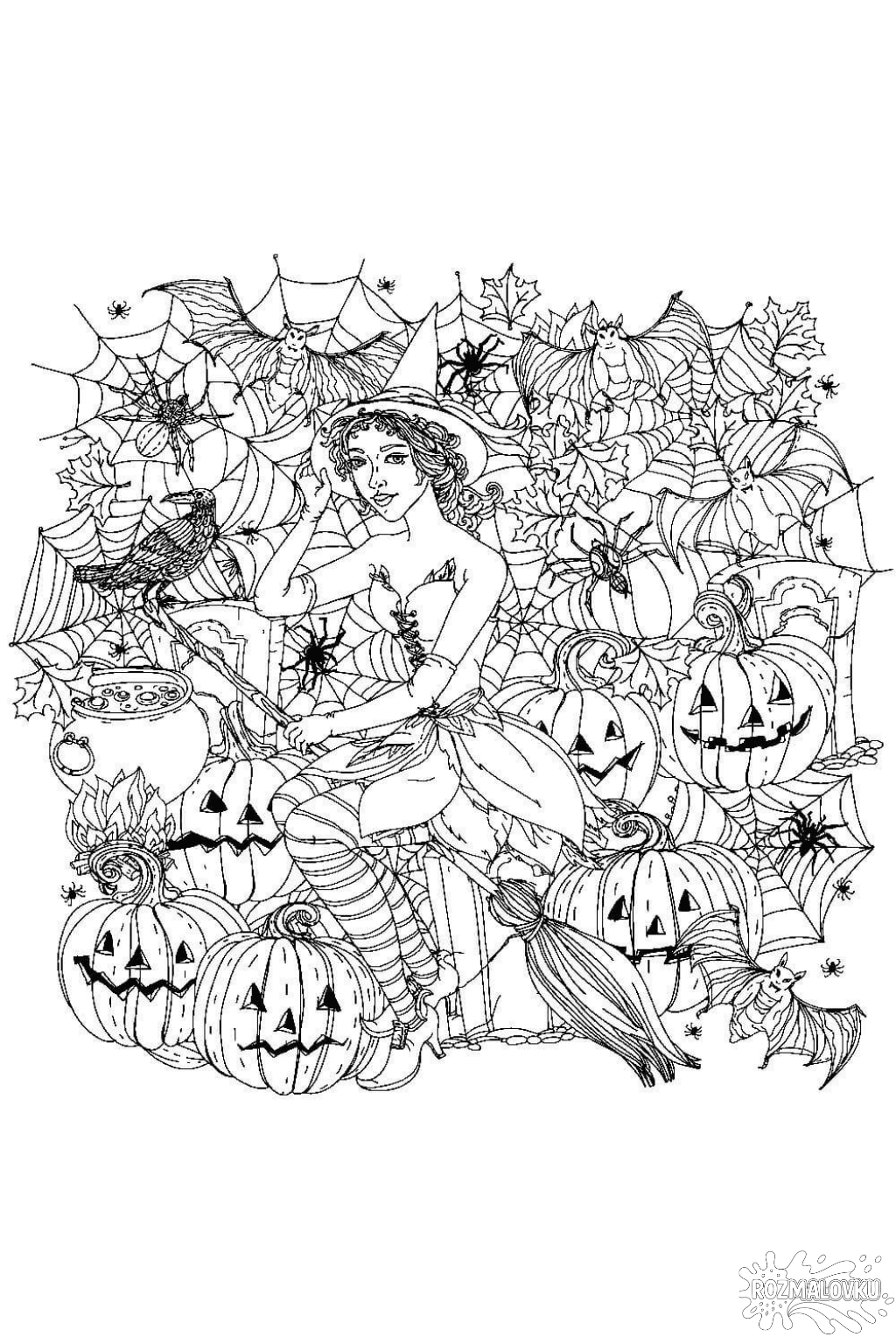 Розмальовка Хелловін відьма серед гарбузів і кажанів в форматі А4