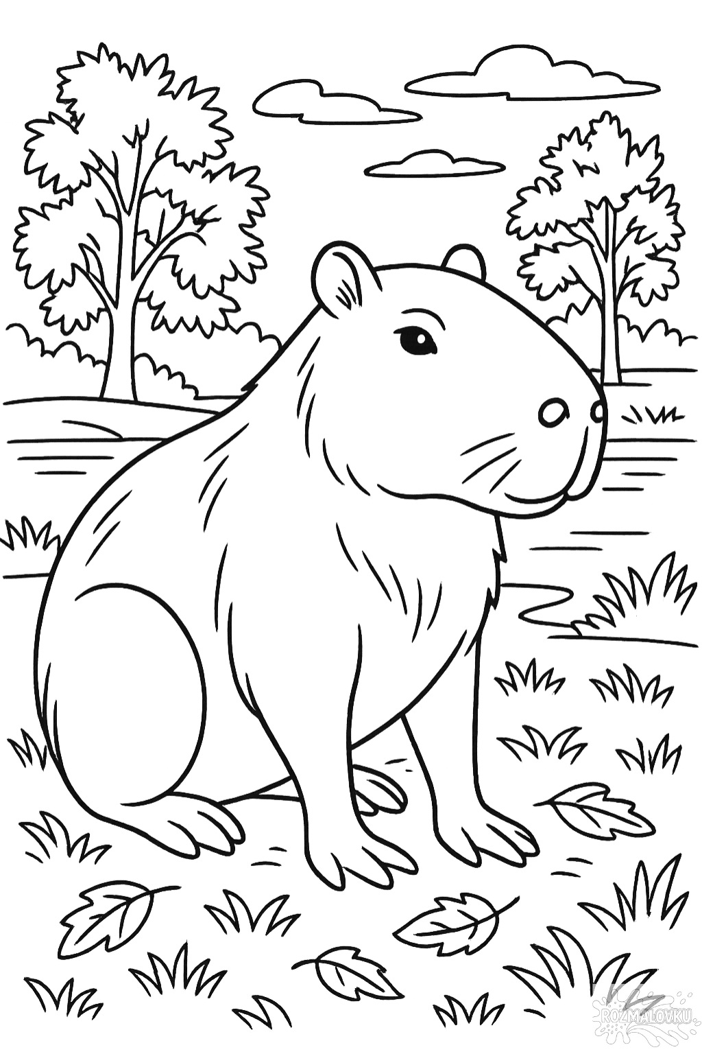 Розмальовка капібара біля річки в форматі А4