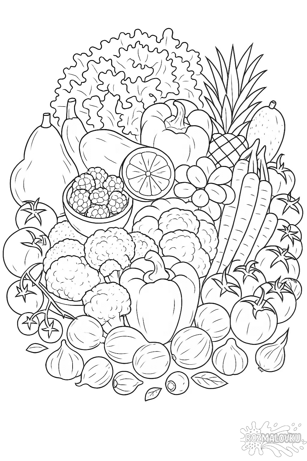 Розмальовка натюрморт овочі та фрукти в форматі А4