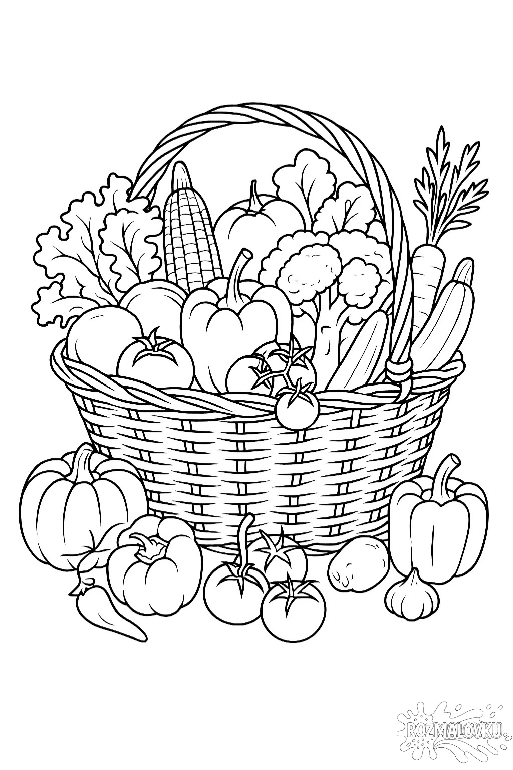 Розмальовка великий кошик з овочами в форматы А4