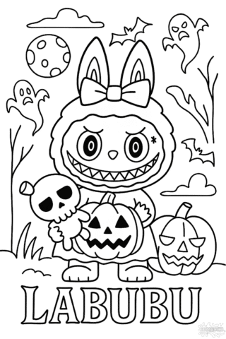Розмальовка Лабубу Хелловін із гарбузом і черепом в форматі А4