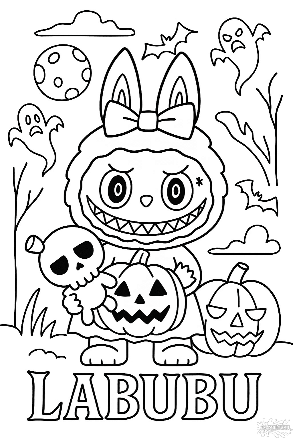 Розмальовка Лабубу Хелловін із гарбузом і черепом в форматі А4 для друку Розмальовка Лабубу Хелловін із гарбузом і черепом в форматі А4