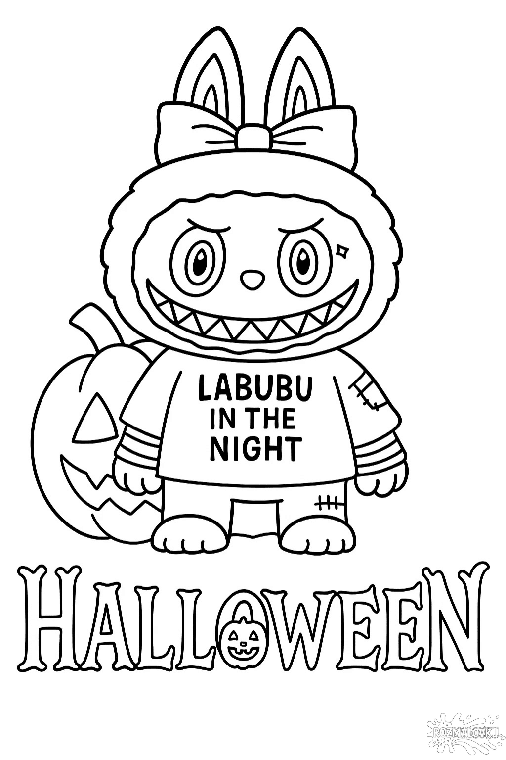 Розмальовка Лабубу на Хелловін із гарбузом в форматі А4 для друку Розмальовка Лабубу на Хелловін із гарбузом в форматі А4