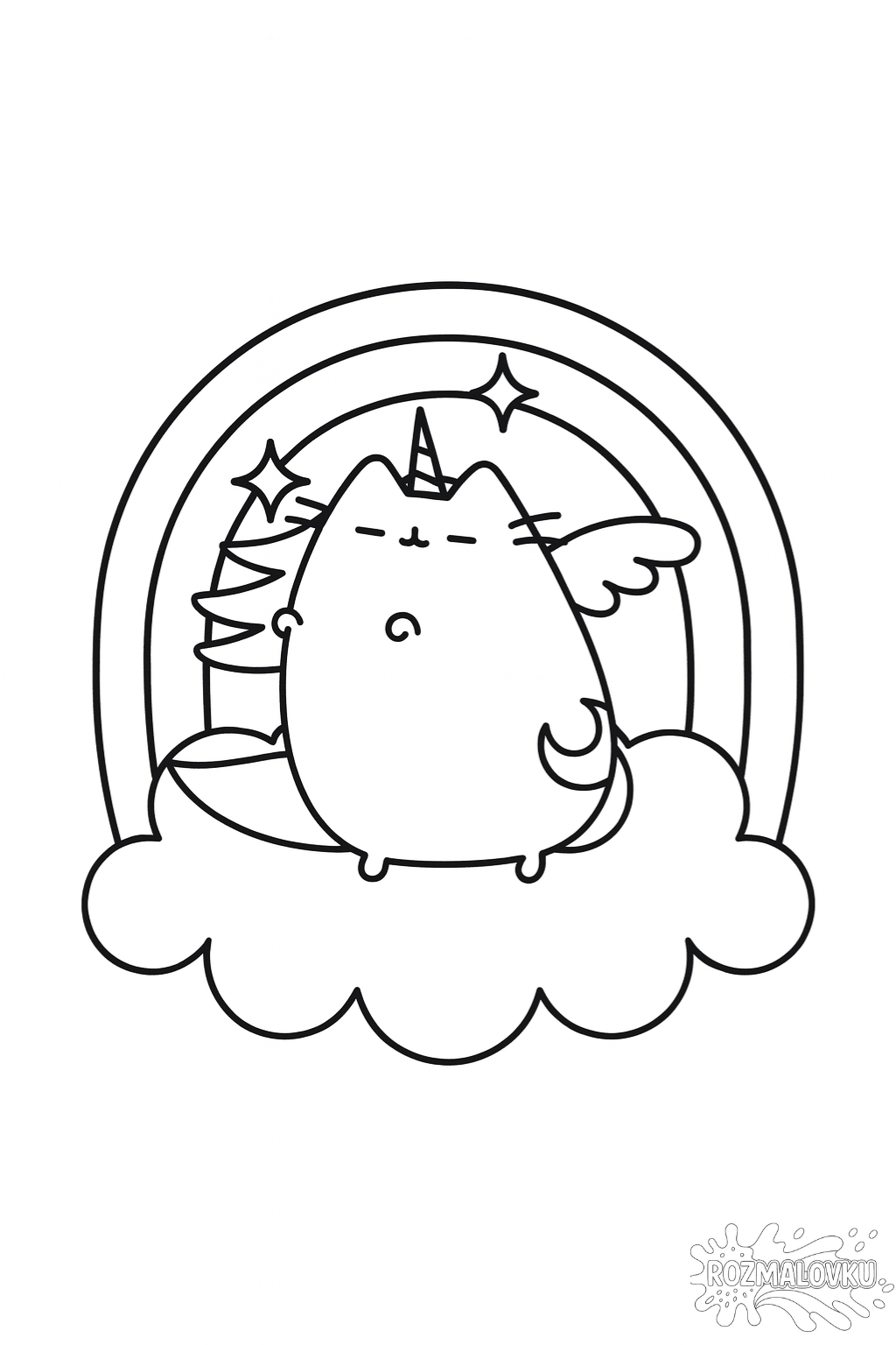 Безкоштовна розмальовка милий кіт Пушин єдиноріг на хмарі А4 Розмальовка милий кіт Пушин єдиноріг на хмарі А4