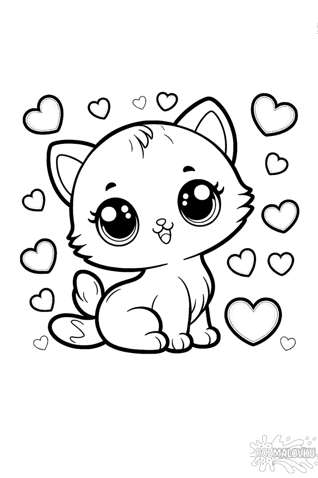 Розмальовка милий котик з сердечками в форматі А4 