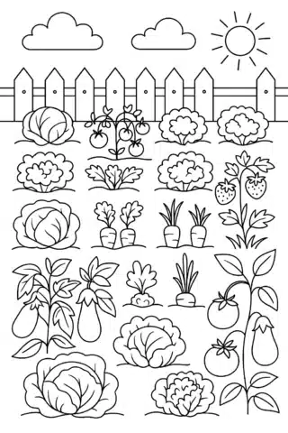 Розмальовка овочі на грядці для дітей в форматі А4