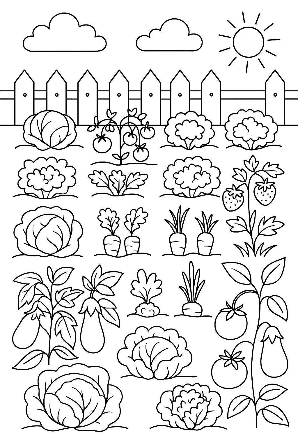 Розмальовка овочі на грядці для дітей в форматі А4 для друку Розмальовка овочі на грядці для дітей в форматі А4