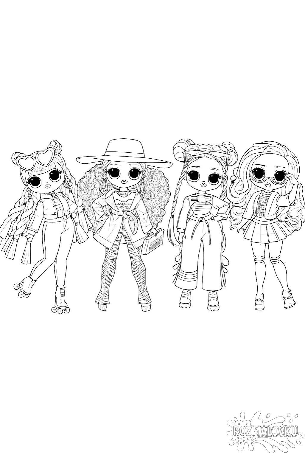 Розмальовка ляльки L.O.L. Surprise OMG Chillax, Class Prez, Roller Chick, Da Boss скачати та роздрукувати в форматі А4