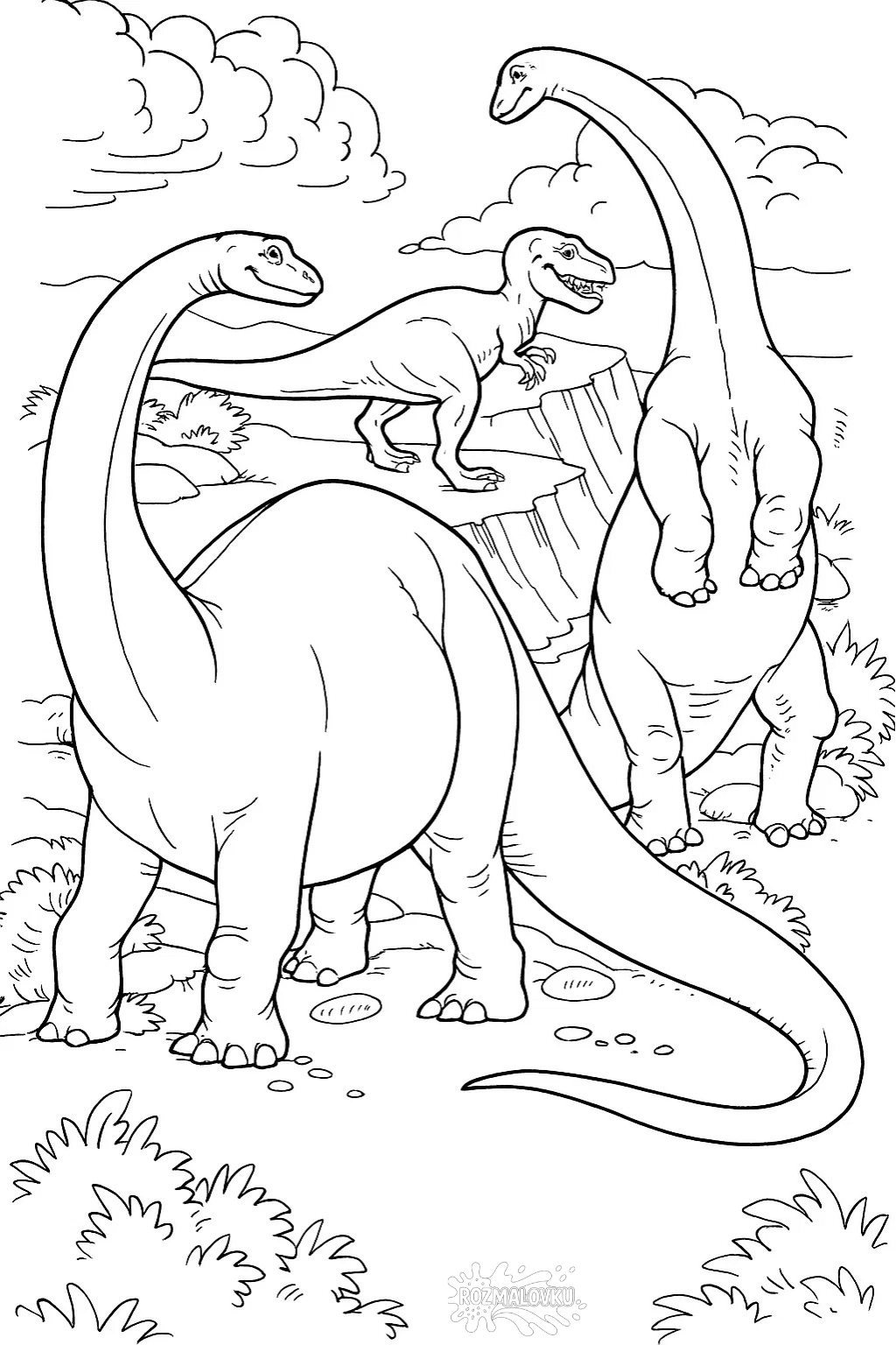 Розмальовка динозаврів Бронтозаври — скачати та роздрукувати в форматі А4