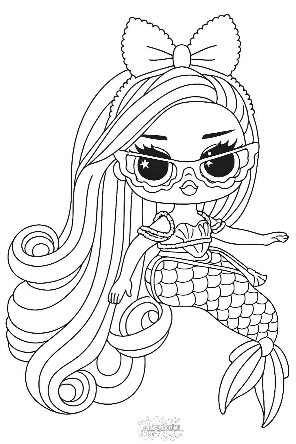 Розмальовка ЛОЛ русалонька з великим бантом скачати та роздрукувати в форматі А4