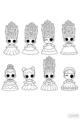 Розмальовка ляльки L.O.L. у святкових сукнях скачати та роздрукувати в форматі А4