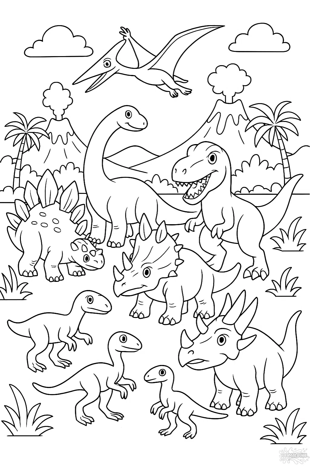 Розмальовка Світ динозаврів — скачати та роздрукувати в форматі А4