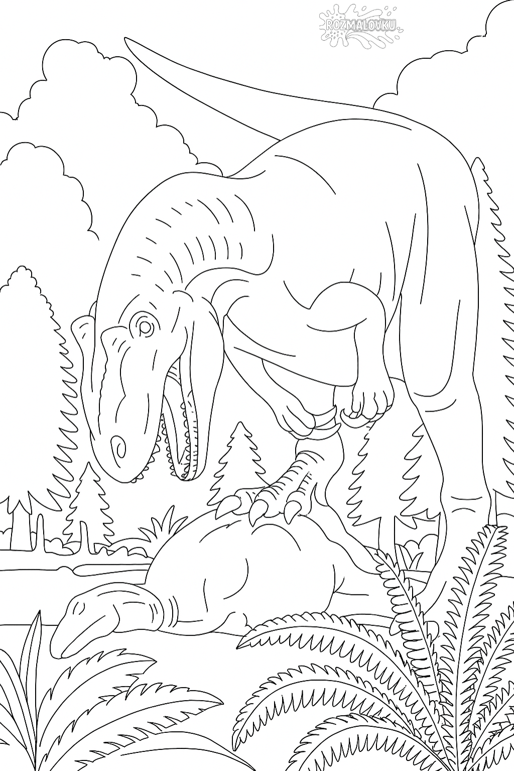 Розмальовка динозавра Аллозавр — скачати та роздрукувати в форматі А4