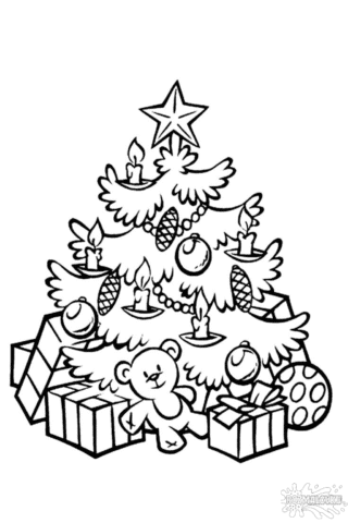 Розмальовка різдвяна ялинка з подарунками скачати та роздрукувати в форматі А4