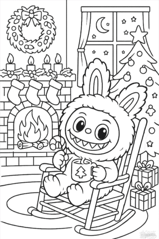 Розмальовка Лабубу різдвяний у затишній кімнаті скачати та роздрукувати в форматі А4