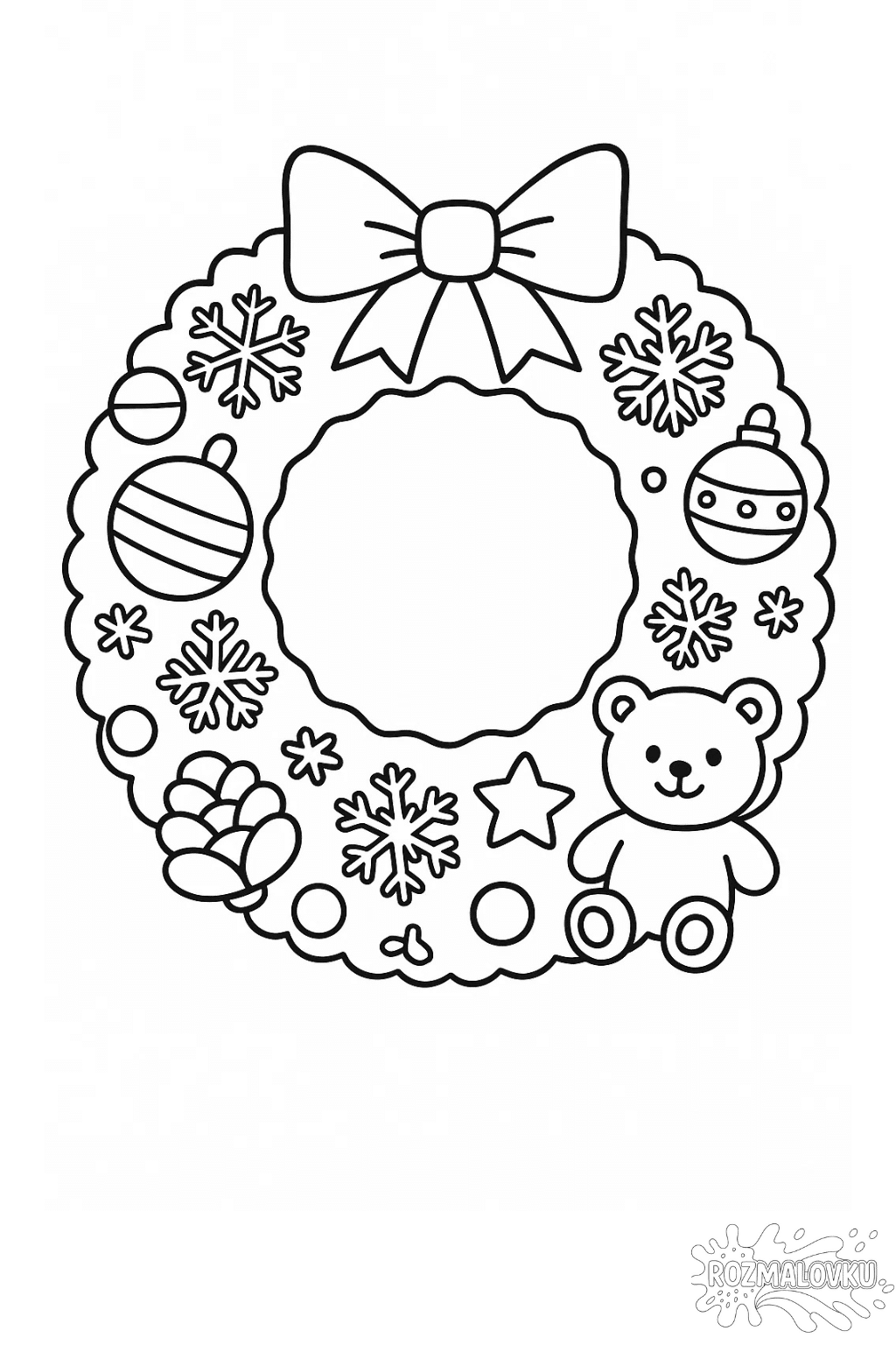 Скачати безкоштовну Розмальовка різдвяний вінок з ведмедиком в форматі А4 для друку Розмальовка різдвяний вінок з ведмедиком скачати та роздрукувати в форматі А4