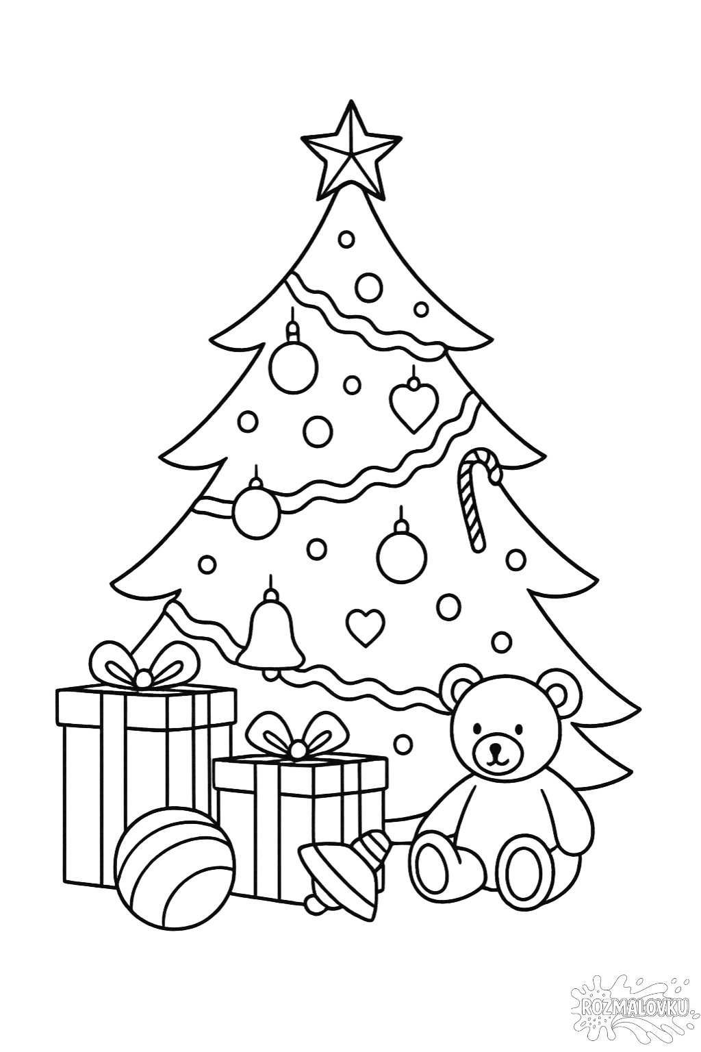 Різдвяна розмальовка ялинка з подарунками скачати та роздрукувати в форматі А4 Розмальовка ялинка з подарунками скачати та роздрукувати в форматі А4