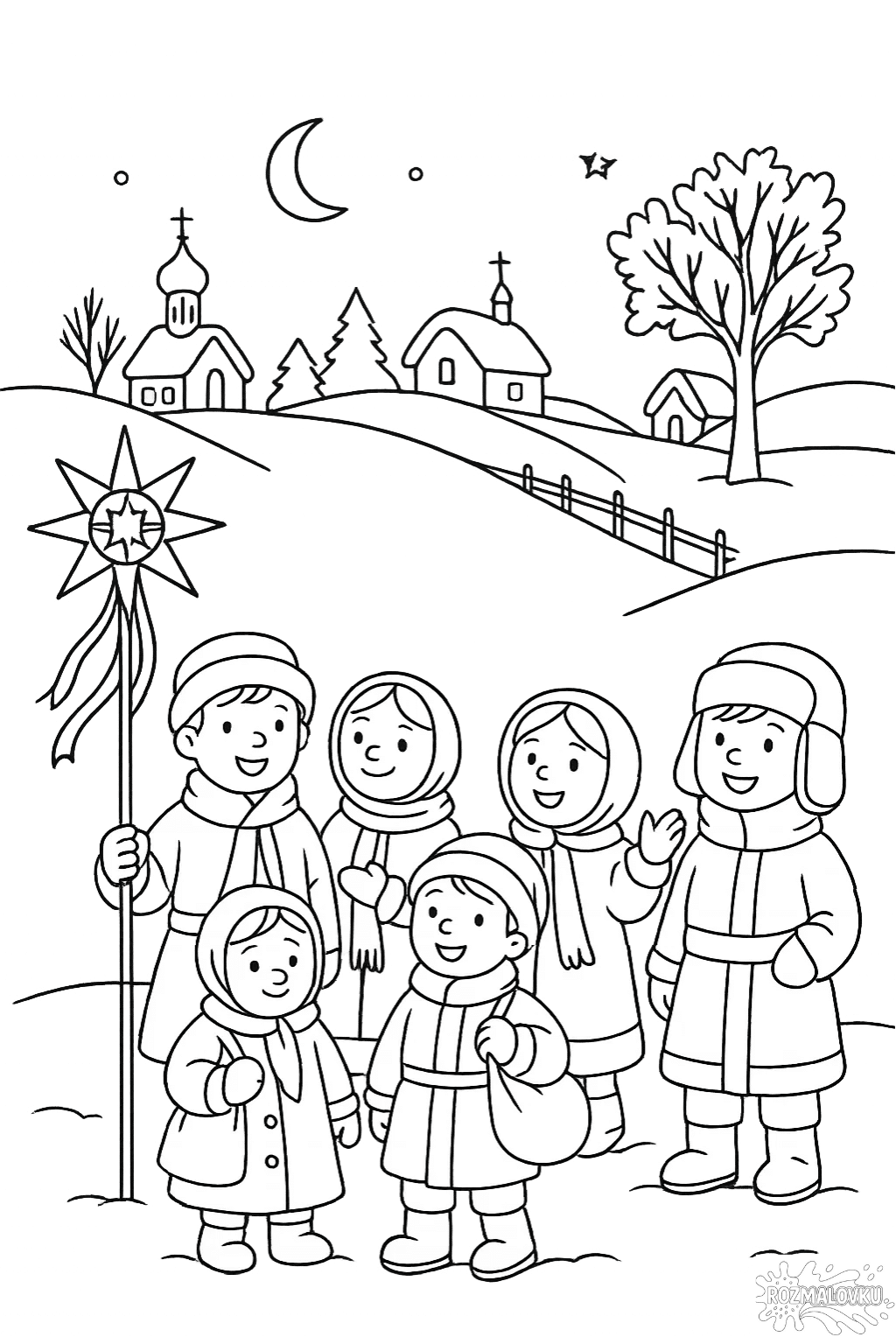 Розмальовка колядники взимку в українському селі скачати та роздрукувати в форматі А4